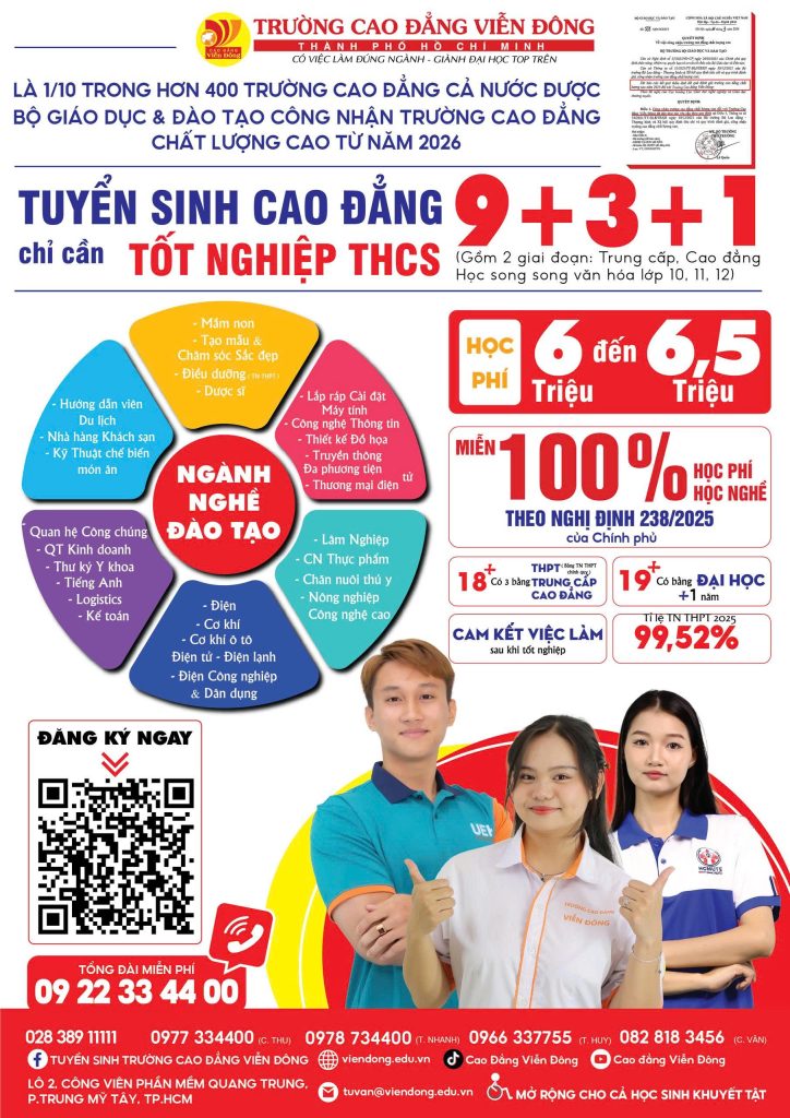Tuyển sinh Cao đẳng 9+3+1 dành cho học sinh tốt nghiệp THCS (gồm 2 giai đoạn TC+CĐ) năm 2026