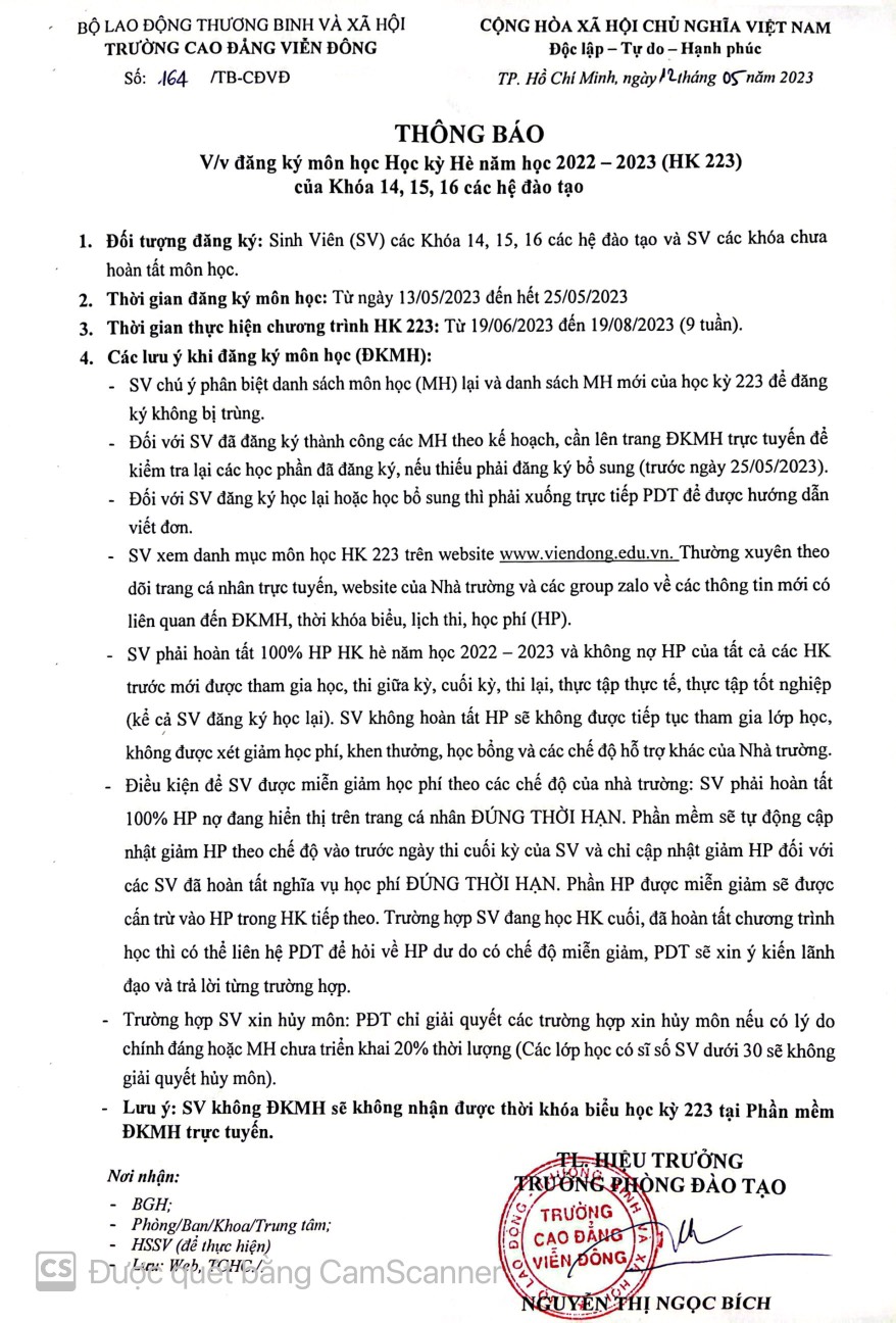 TB về việc đăng ký môn học Học kỳ Hè năm học  2022 – 2023 (HK223) của Khóa 14, 15, 16 các hệ đào tạo