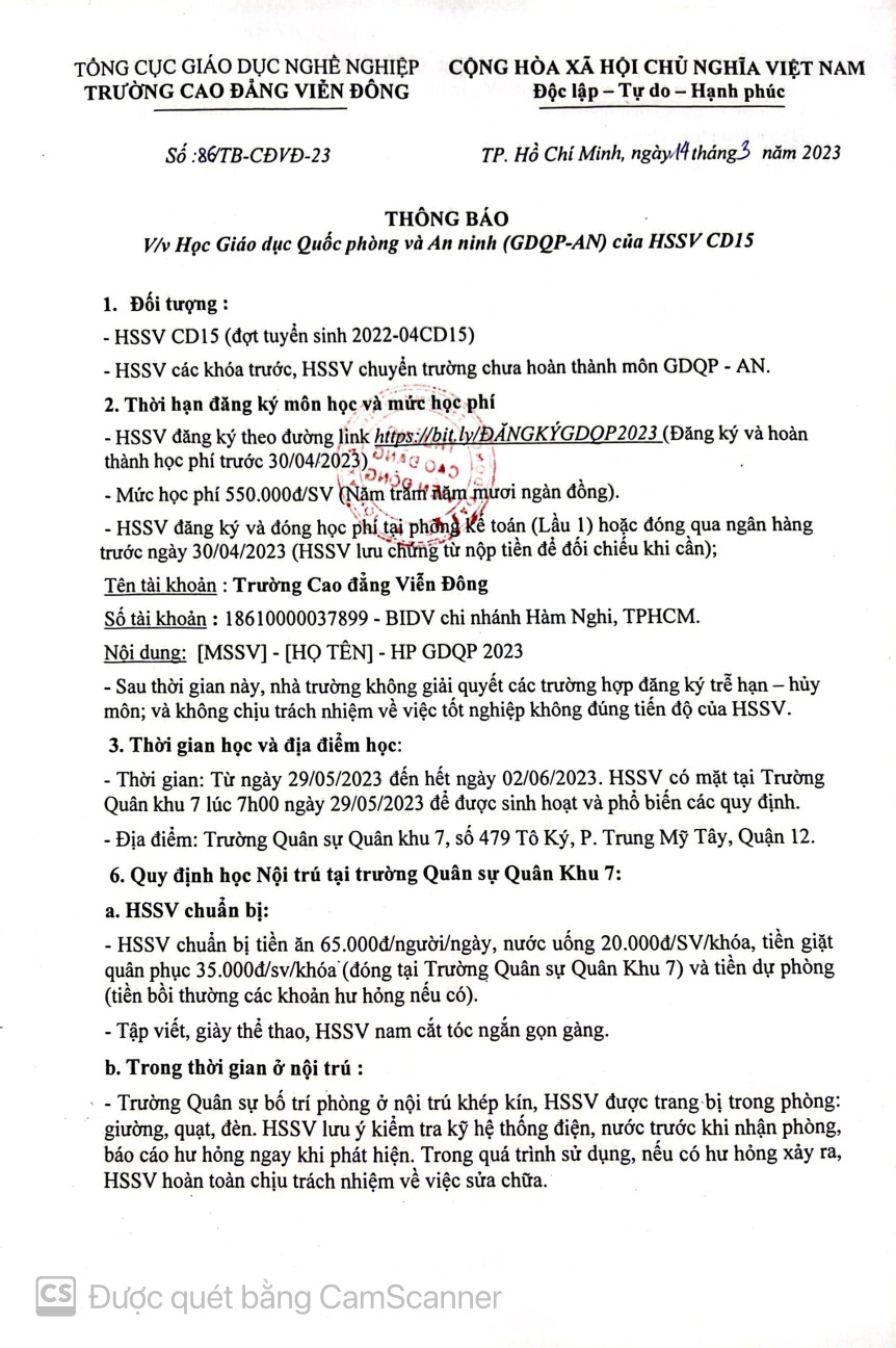 TB về việc học Giáo dục Quốc phòng và An Ninh (GDQP – AN) của HSSV CD15