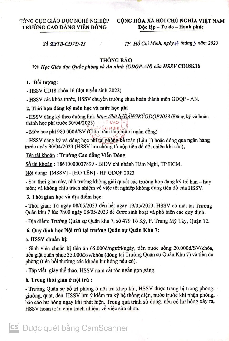 TB về việc học Giáo dục Quốc phòng và An Ninh (GDQP – AN) của HSSV CD18K16