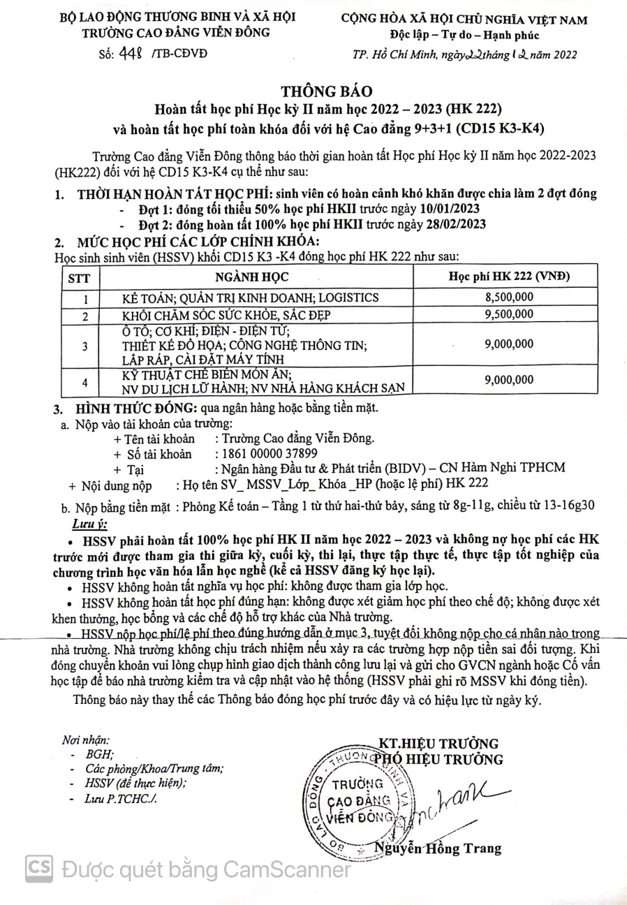 TB Hoàn tất học phí  Học kỳ II năm học  2022 -2023 (HK222) và hoàn tất học phí toàn khóa đối với hệ Cao đẳng 9+3+1 (CD15 K3-K4)