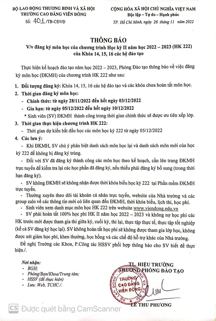 TB về việc đăng ký môn học của chương trình Học kỳ II  năm học 2022 – 2023 (HK222) của khóa 14, 15, 16 các hệ đào tạo