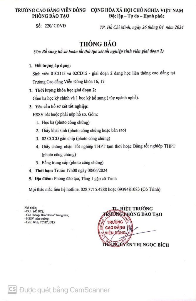 Thông báo về việc Bổ sung hồ sơ hoàn tất thủ tục xét tốt nghiệp sinh viên Giai đoạn 2