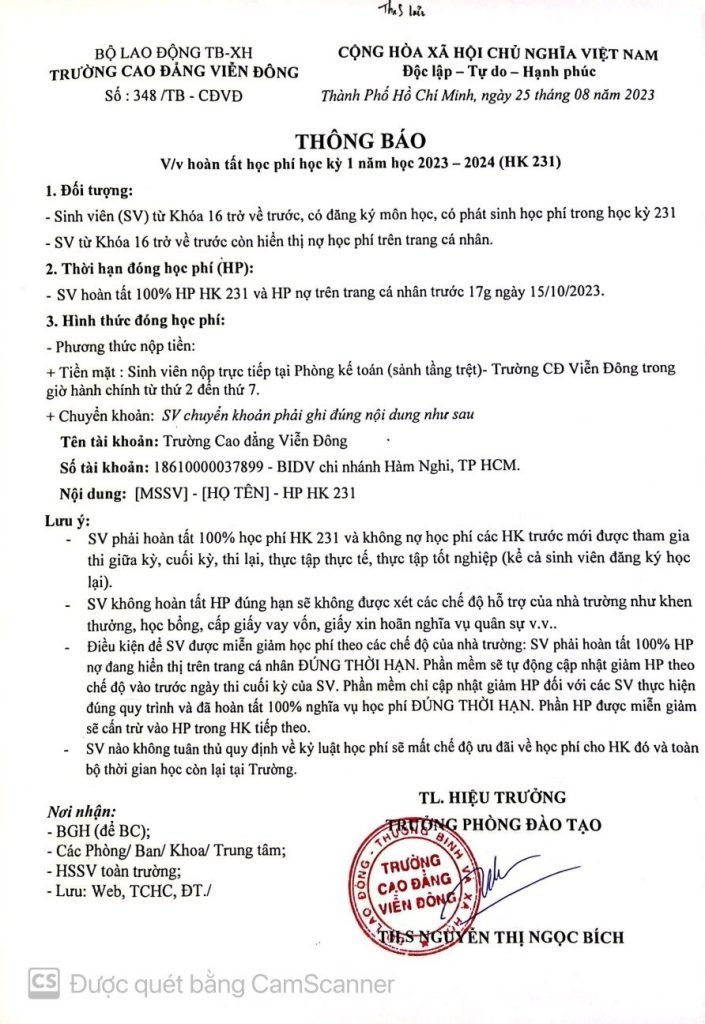 Thông báo về việc hoàn tất học phí học kỳ 1 năm học 2023 – 2024 (HK231)