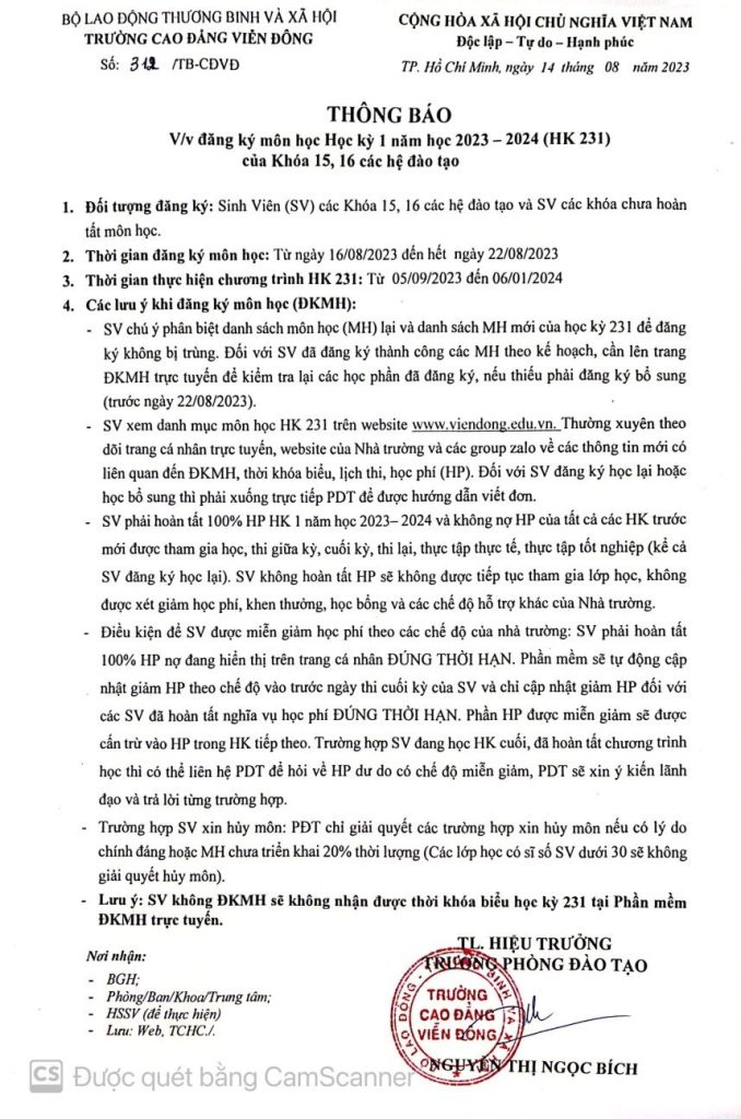 Thông báo về việc đăng ký môn học Học kỳ 1 năm học 2023 – 2024 (HK231) của Khóa 15,16 các hệ đào tạo