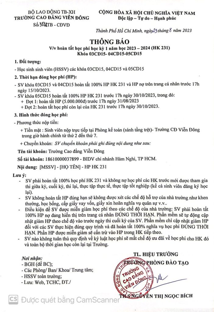 Thông báo về việc hoàn tất học phí học kỳ 1 2023 – 2024 (HK231) Khóa 03CD15-04CD15-05CD15