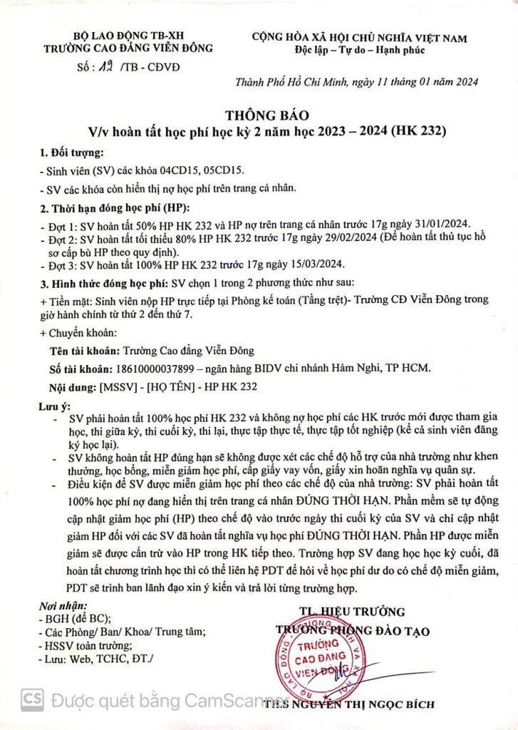 Thông báo về việc hoàn tất học phí Học kỳ 2 năm học 2023 – 2024 (HK 232)
