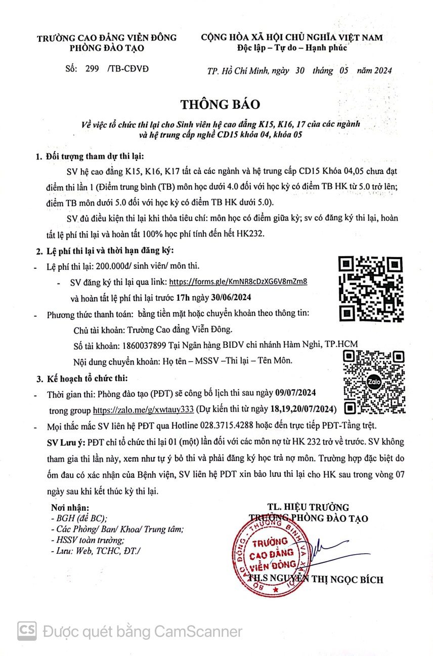 Thông báo về việc tổ chức thi lại cho Sinh viên hệ cao đẳng K15, K16, 17 của các ngành  và hệ trung cấp nghề CD15 khóa 04, khóa 05