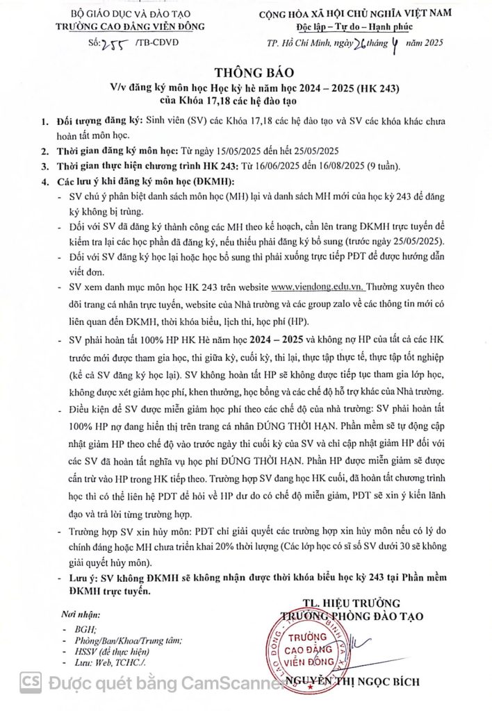Thông báo về việc đăng ký môn học Học kỳ hè năm học 2024 – 2025 (HK243) của Khóa 17, 18 các hệ đào tạo