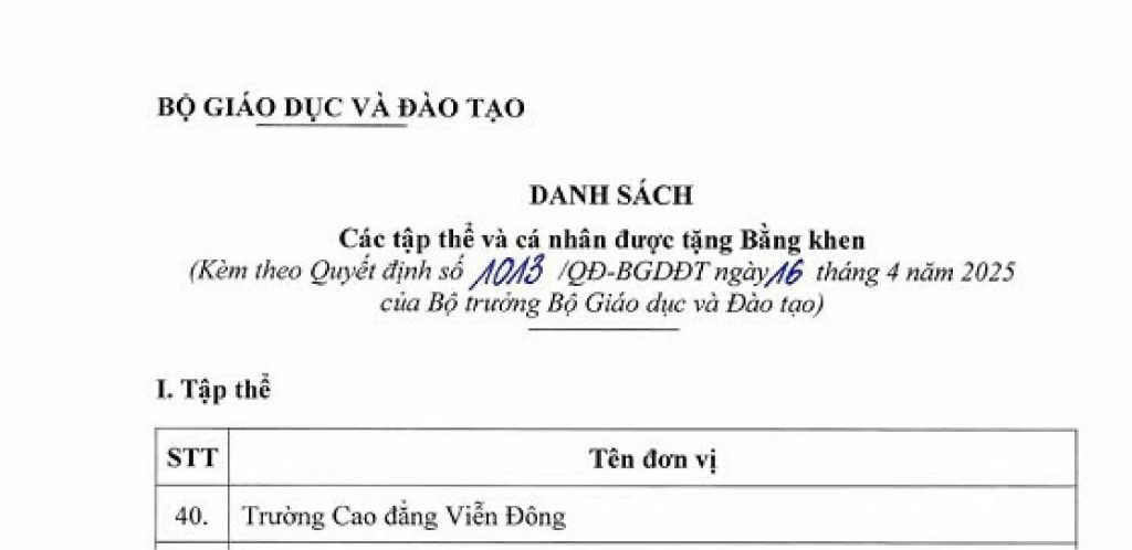 Cao đẳng Viễn Đông nhận bằng khen của Bộ Giáo dục và Đào tạo về những thành tích xuất sắc trong công tác hỗ trợ HSSV khởi nghiệp giai đoạn 2017 – 2025