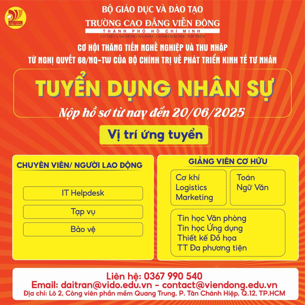 THÔNG BÁO TUYỂN DỤNG – TRƯỜNG CAO ĐẲNG VIỄN ĐÔNG