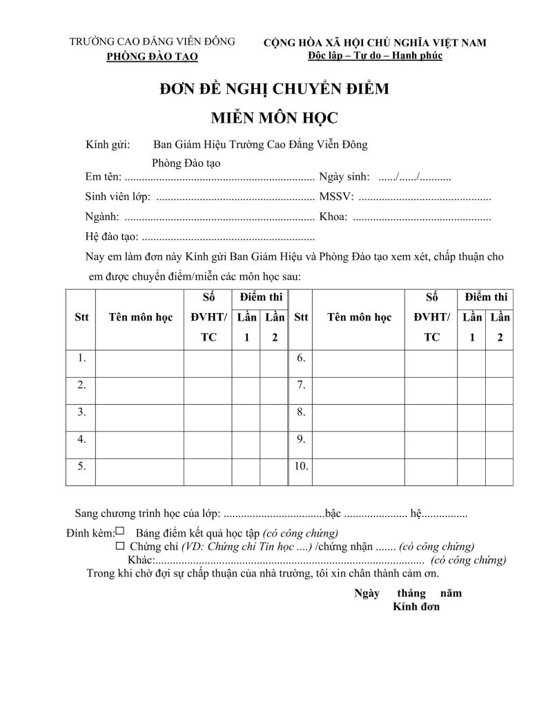 Mẫu đơn đề nghị chuyển điểm – miễn môn học