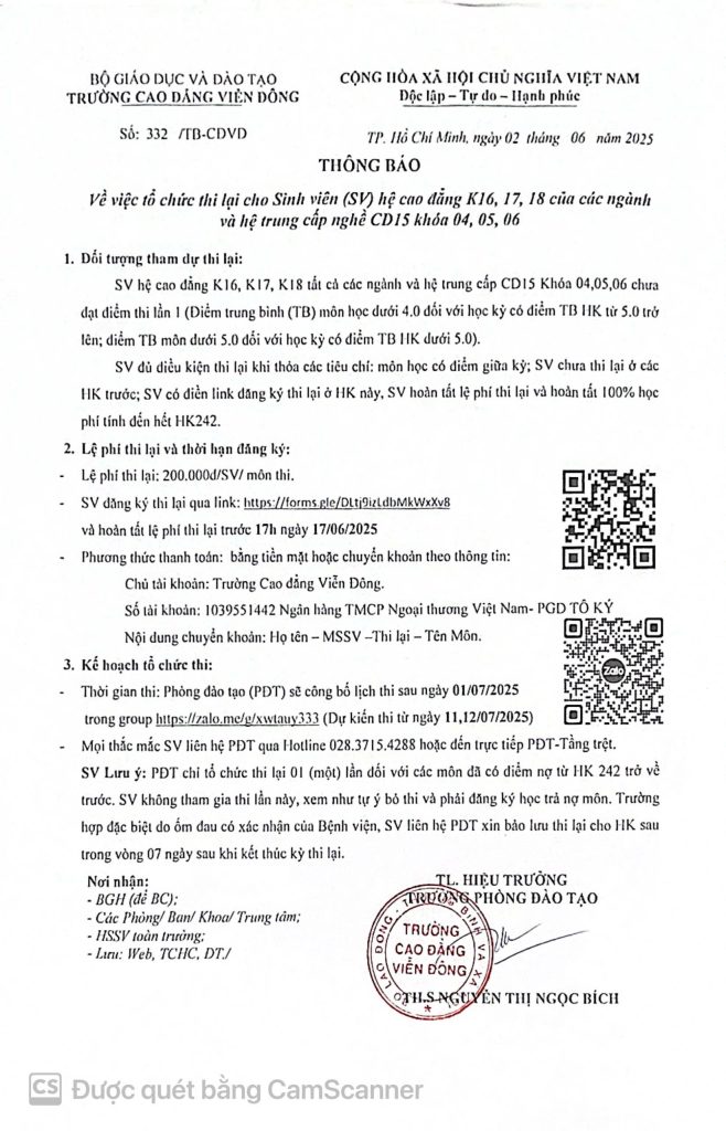 Thông báo về việc tổ chức thi lại cho Sinh viên (SV) hệ cao đẳng K16, 17, 18 của các ngành và hệ trung cấp nghề CD15 khóa 04, 05, 06