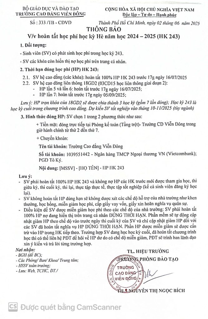 Thông báo về việc hoàn tất học phí học kỳ Hè năm học 2024 – 2025 (HK243)