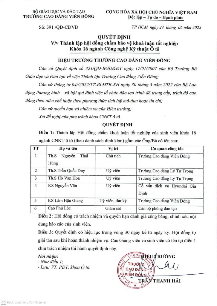 Quyết định về việc Thành lập hội đồng chấm bảo vệ khóa luận tốt nghiệp Khóa 16 ngành Công nghệ Kỹ thuật Ô tô