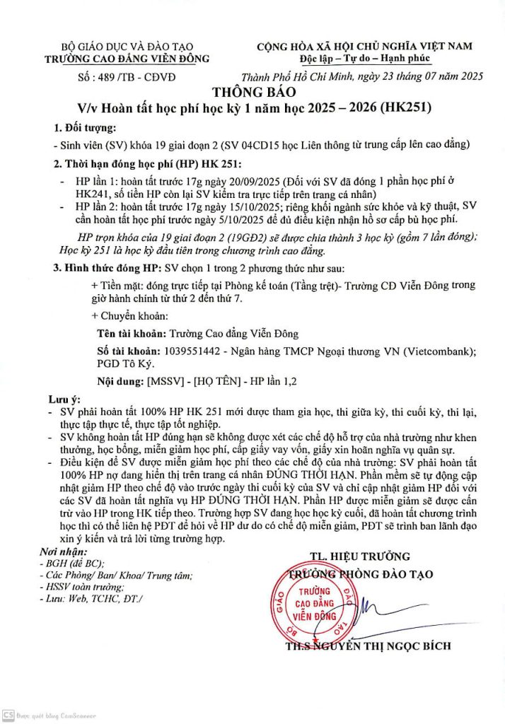 Thông báo về việc Hoàn tất học phí HK1 năm học 2025 – 2026 (HK251)