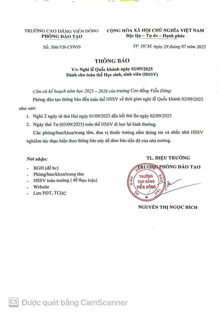 Thông báo về việc Nghỉ lễ Quốc khánh ngày 02/09/2025 dành cho toàn thể Học sinh, sinh viên