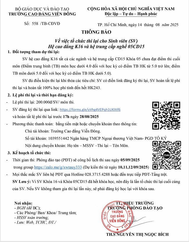 Thông báo về việc tổ chức thi lại cho sinh viên Hệ cao đẳng K16 và hệ trung cấp nghề 05CD15