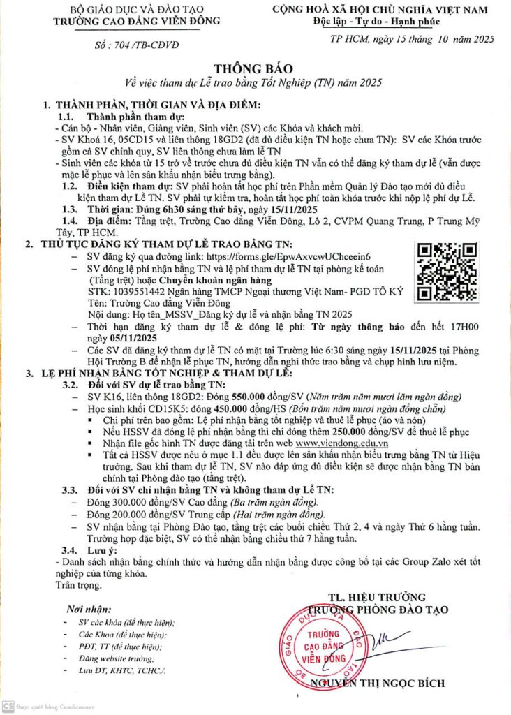 Thông báo về việc tham dự Lễ trao bằng Tốt nghiệp (TN) năm 2025