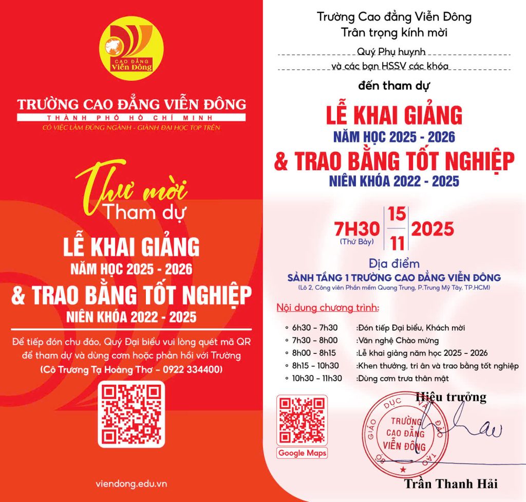Thư mời tham dự “Lễ Khai giảng năm học 2025 – 2026 và Trao bằng tốt nghiệp”
