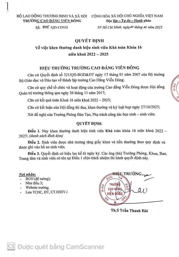 Thông báo về việc Quyết định khen thưởng sinh viên năm 2025