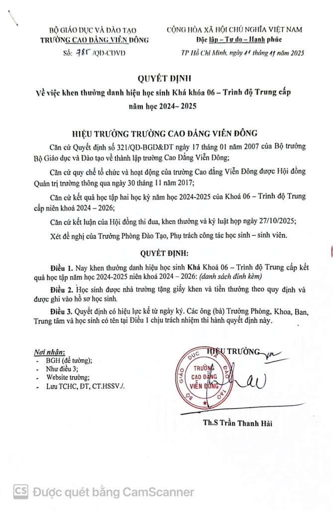 Thông báo về việc Quyết định khen thưởng sinh viên năm 2025