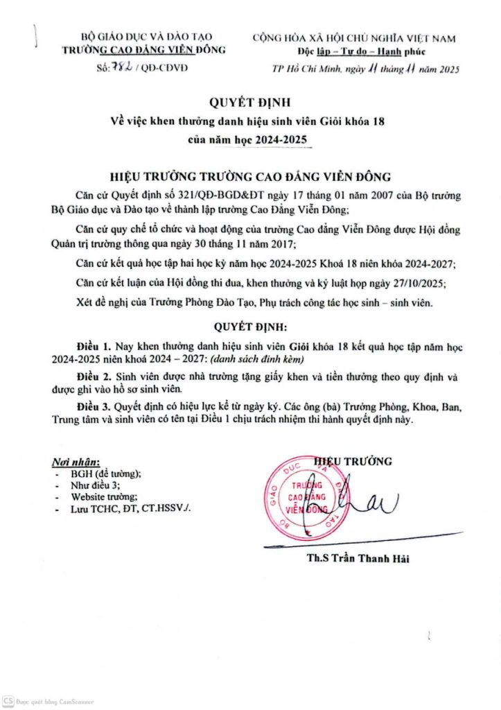 Thông báo về việc Quyết định khen thưởng sinh viên năm 2025