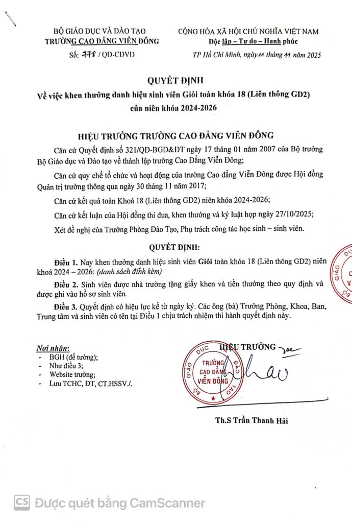 Thông báo về việc Quyết định khen thưởng sinh viên năm 2025