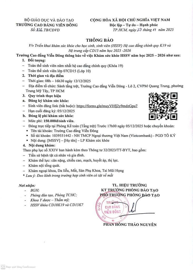 Thông báo V/v Triễn khai khám sức khỏe cho học sinh, sinh viên Hệ cao đẳng chính quy K19 và Hệ trung cấp CD15 năm học 2025 – 2026