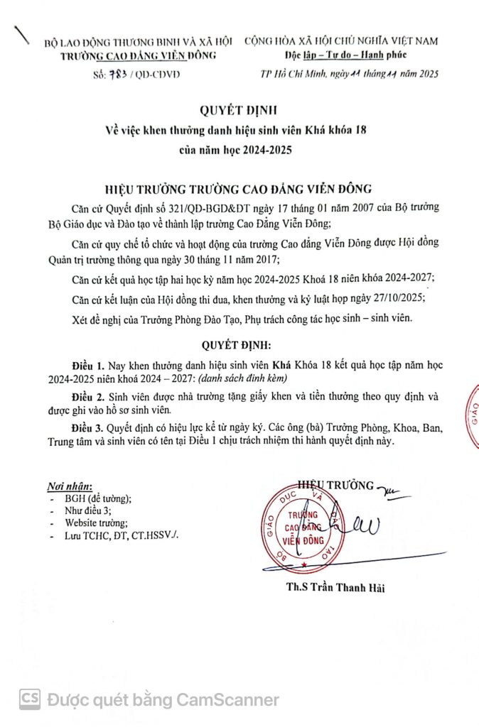 Thông báo về việc Quyết định khen thưởng sinh viên năm 2025