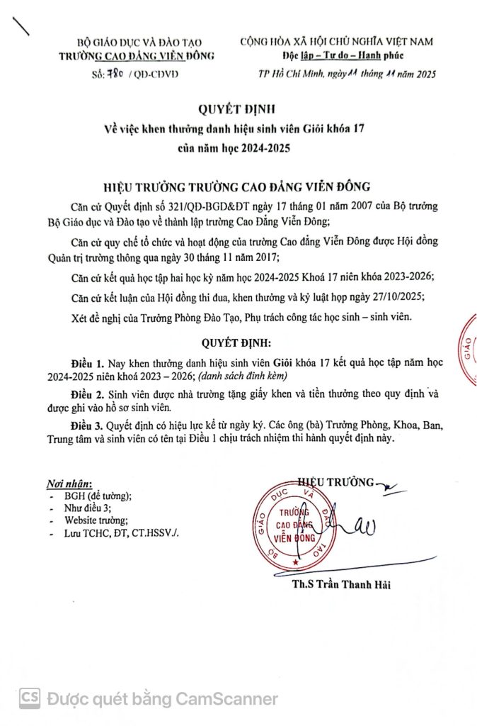 Thông báo về việc Quyết định khen thưởng sinh viên năm 2025