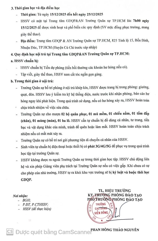 Thông báo về việc Học Giáo dục Quốc phòng và An ninh của HSSV Hệ Cao đẳng Chính quy K19 và 19GD2