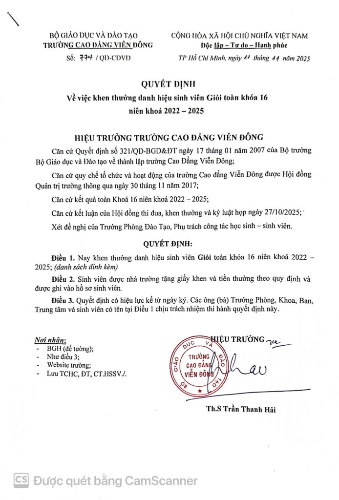 Thông báo về việc Quyết định khen thưởng sinh viên năm 2025