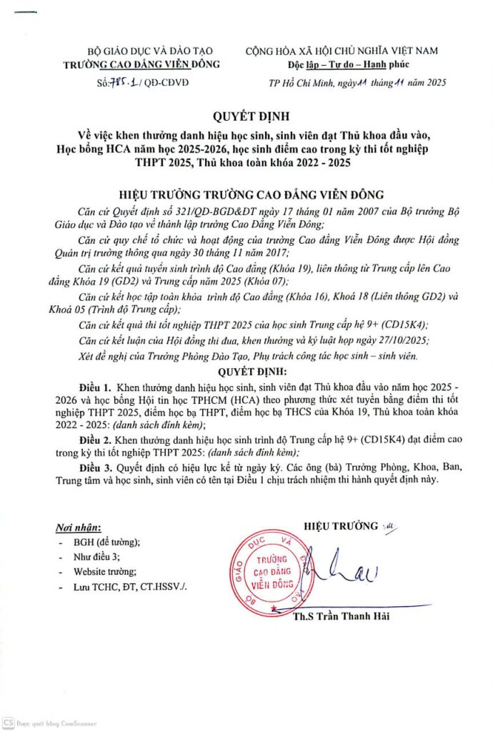 Quyết định về việc khen thưởng danh hiệu học sinh, sinh viên đạt thủ Thủ khoa đầu vào, Học bổng HCA năm học 2025 – 2026, điểm cao trong kỳ thi tốt nghiệp THPT 2025, thủ khoa toàn khóa 2022 – 2025