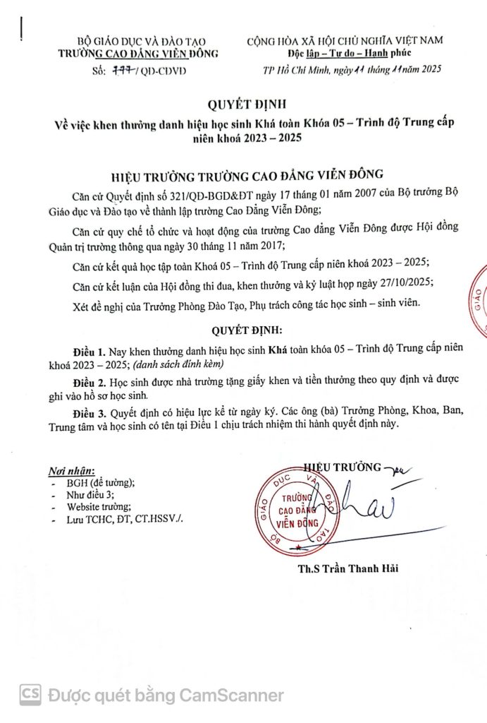 Thông báo về việc Quyết định khen thưởng sinh viên năm 2025