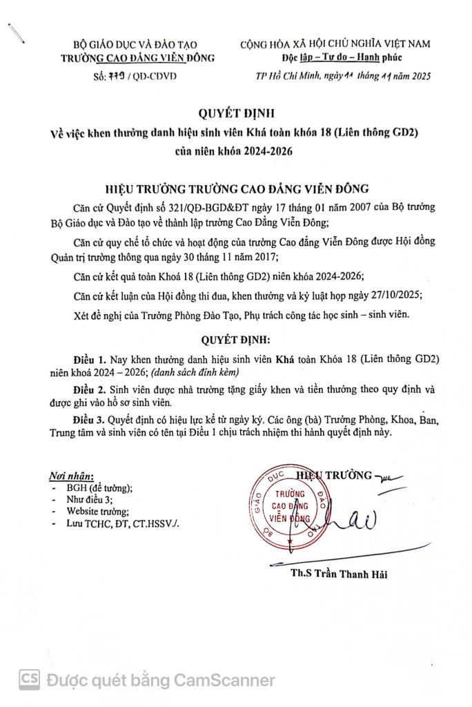 Thông báo về việc Quyết định khen thưởng sinh viên năm 2025