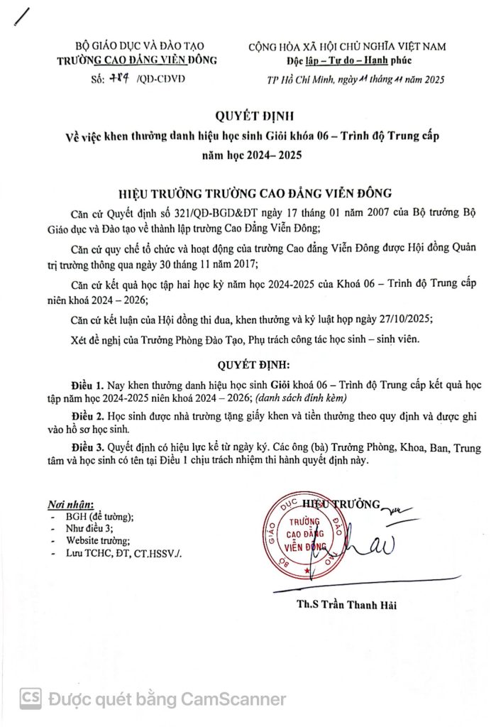 Thông báo về việc Quyết định khen thưởng sinh viên năm 2025