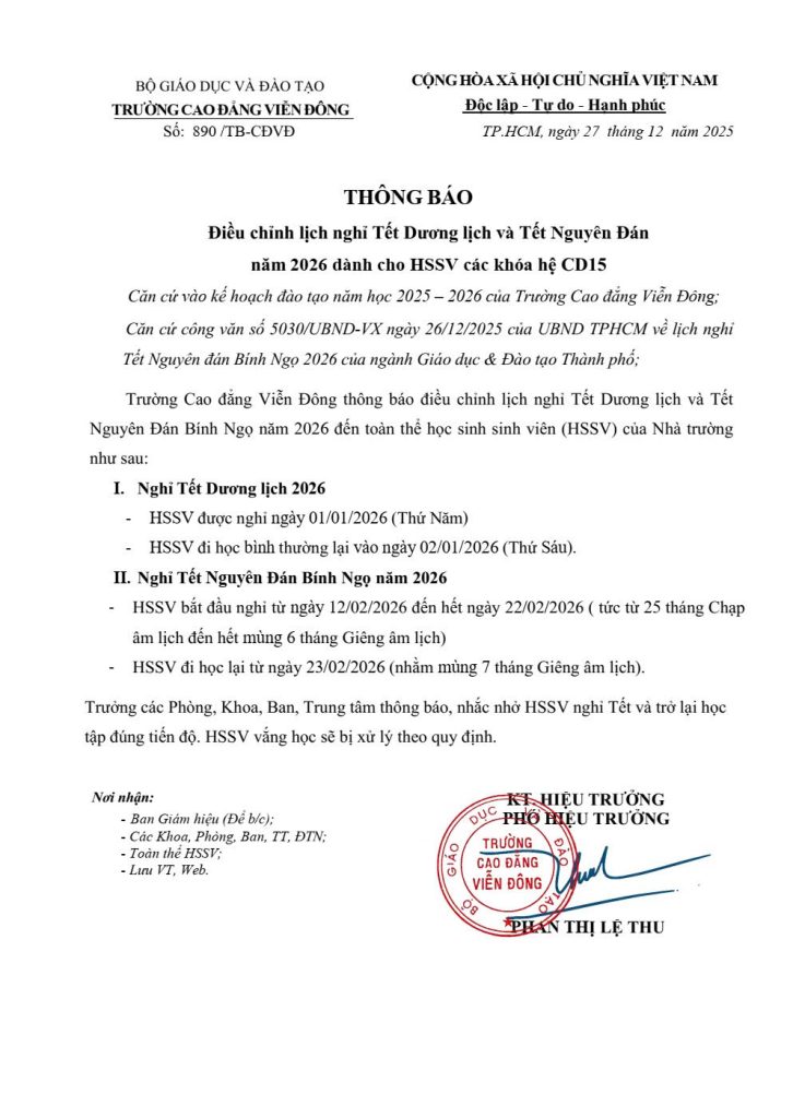 Thông báo về việc điều chỉnh lịch nghỉ Tết Dương lịch và Tết Nguyên Đán năm 2026 dành cho HSSV các khóa hệ CD15