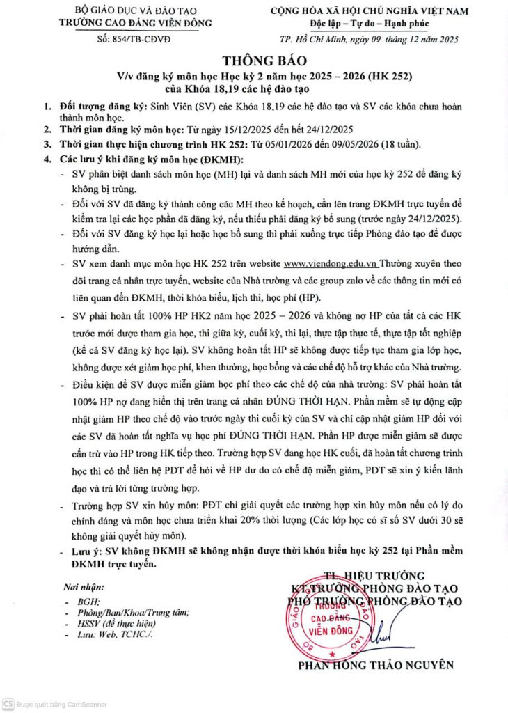 Thông báo V/v đăng ký môn học học kỳ 2 năm học 2025 – 2026 (HK252) của các Khóa 18, 19 các hệ đào tạo