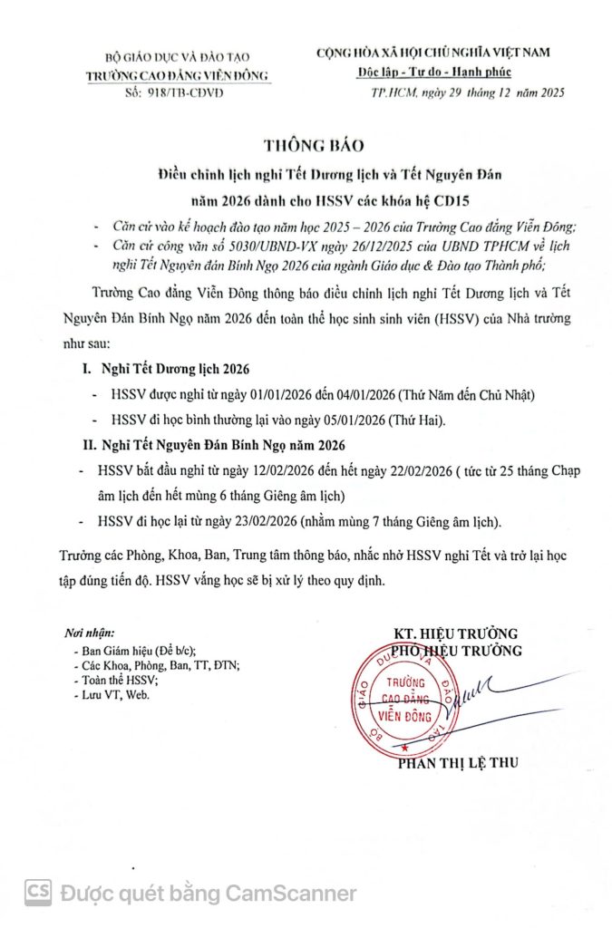 Thông báo về việc điều chỉnh lịch nghỉ Tết Dương lịch và Tết Nguyên Đán năm 2026 dành cho HSSV các khóa hệ CD15