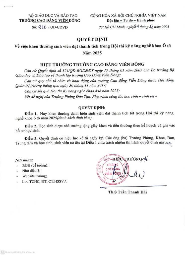 Quyết định về việc khen thưởng sinh viên đạt thành tích trong Hội thi kỹ năng nghề khoa Ô tô năm 2025