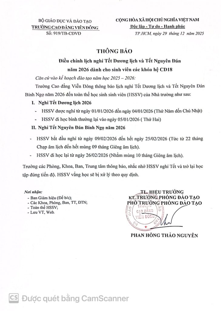 Thông báo về việc điều chỉnh lịch nghỉ Tết Dương lịch và Tết Nguyên Đán năm 2026 dành cho sinh viên các khóa hệ CD18