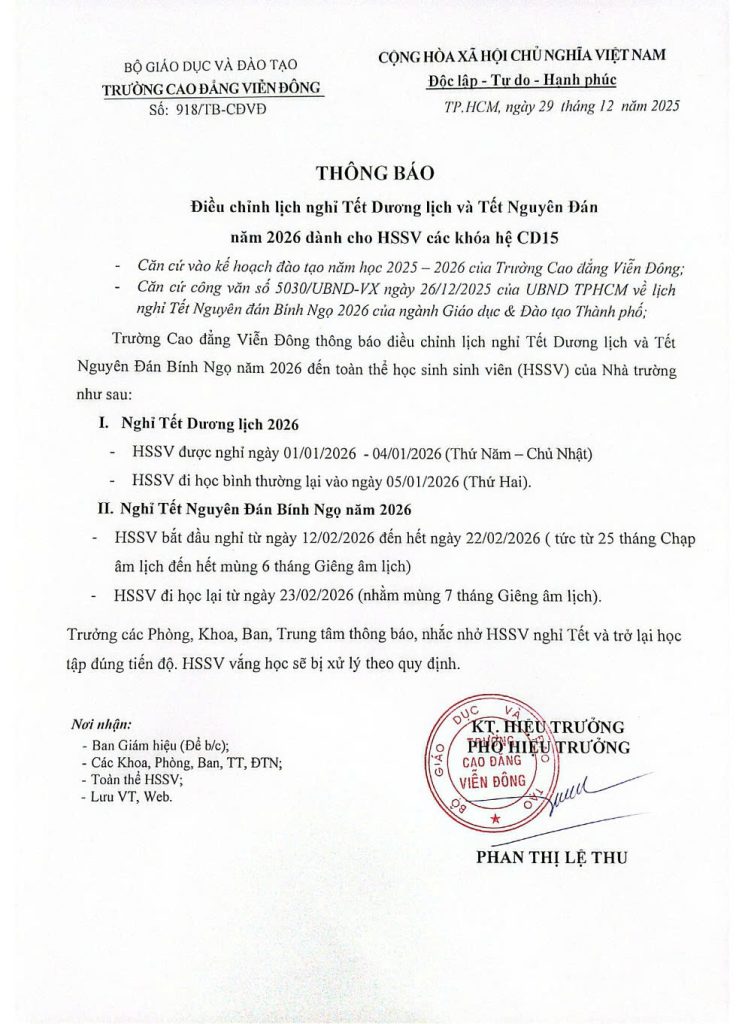 Thông báo về việc điều chỉnh lịch nghỉ Tết Dương lịch và Tết Nguyên Đán năm 2026 dành cho HSSV các khóa hệ CD15
