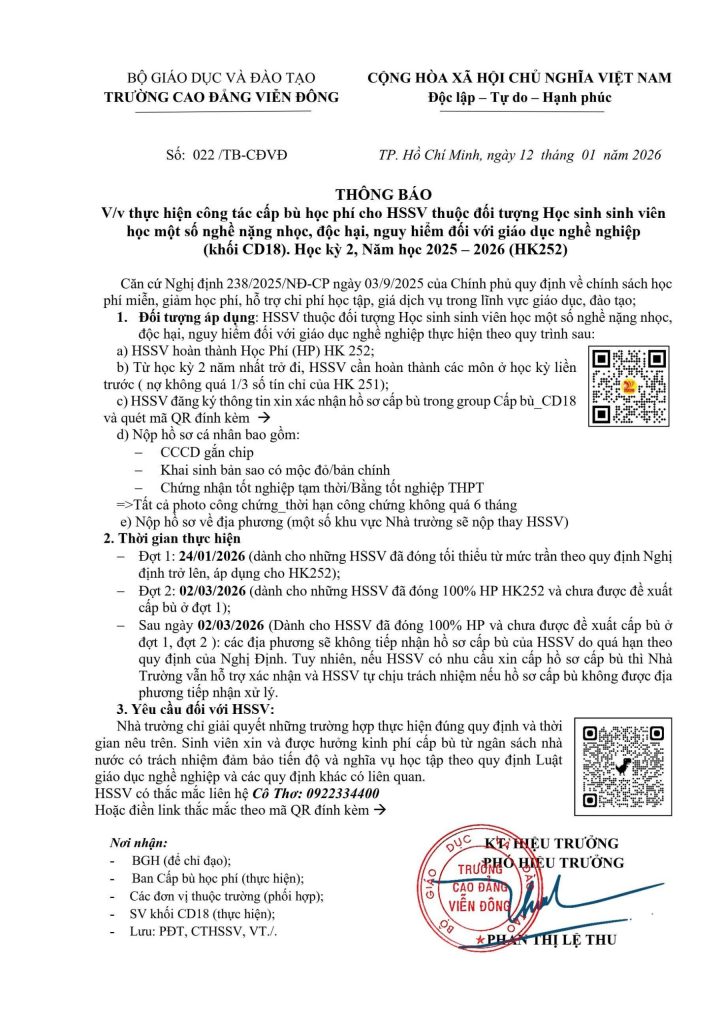 Thông báo về việc thực hiện công tác cấp bù học phí cho HSSV thuộc đối tượng HSSV học một số nghề nặng nhọc, độc hại, nguy hiểm đối với GDNN (khối CD18). Học kỳ 2, Năm học 2025 – 2026 (HK252)
