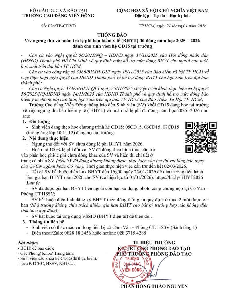 Thông báo về việc ngừng thu và hoàn trả BHYT đã đóng năm học 2025 – 2026 dành cho sinh viên hệ CD15 tại trường