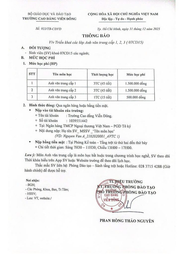 Thông báo về việc triễn khai các lớp Anh văn trung cấp 1, 2, 3 (07CD15)