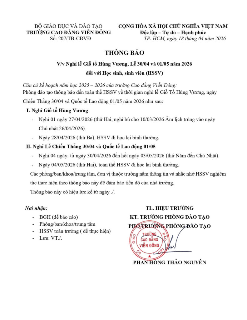 Thông báo Nghỉ lễ Giỗ tổ Hùng Vương, Lễ 30/04 và 01/05 năm 2026 đối với Học sinh, sinh viên (HSSV)