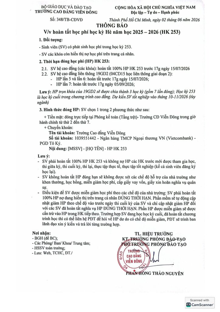 Thông báo V/v hoàn tất học phí học kỳ hè năm 2025-2026 (HK253)