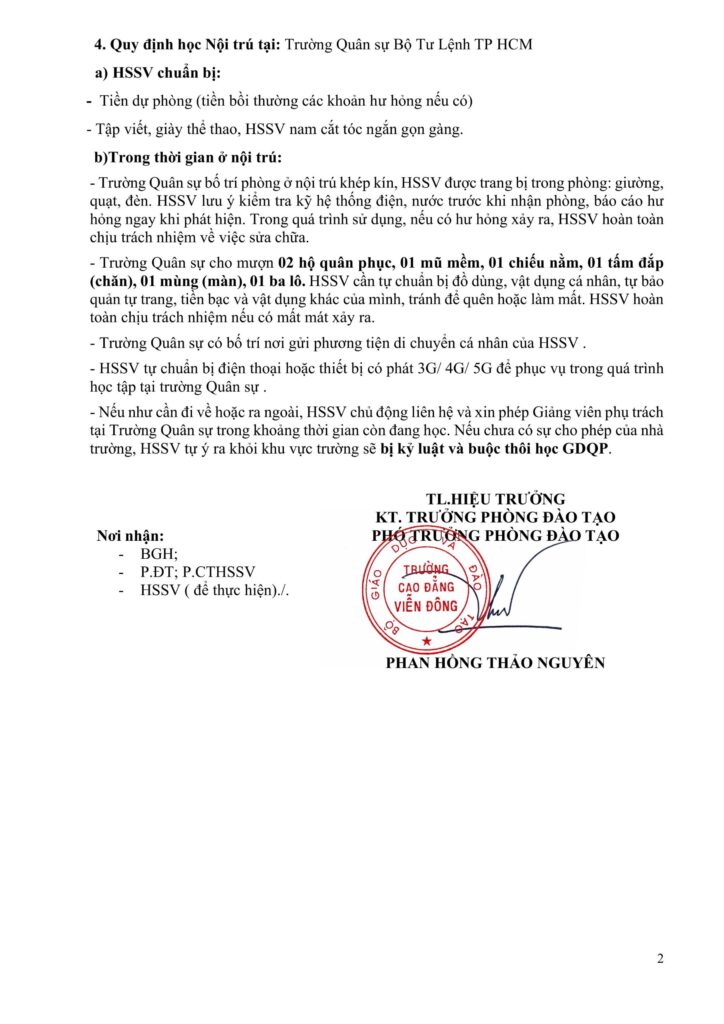 Thông báo học Giáo dục Quốc phòng và An ninh của HSSV CD15 (07CD15)
